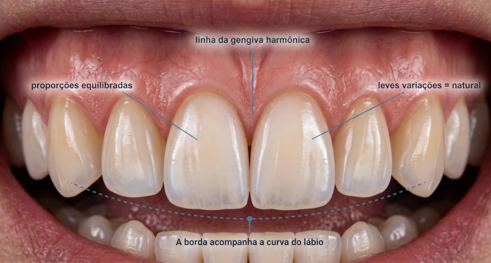 Desenho do sorriso natural: linha da gengiva harmônica, proporções equilibradas e borda que acompanha a curva do lábio.