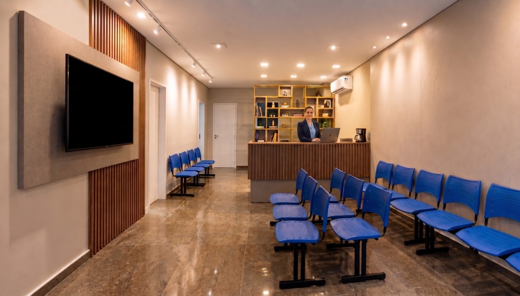 Recepção e sala de espera da clínica Que tal Sorrir?